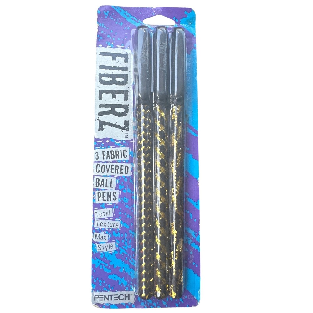 Vintage 1991 Pentech Fiberz Fabric Covered Ballpoint Pens 3 Pack Gold Black 90s